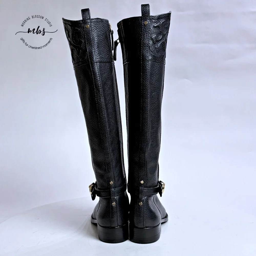 NWOT Tory Burch Thea Riding Boots Equestrian Leather Zip‎ Buckle Black Women 6.5